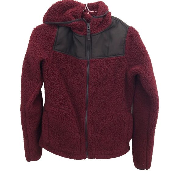 SO Women’s XS Sherpa Zip-Up Jacket – Maroon Fuzzy Hooded Coat with Pockets - Picture 3 of 8